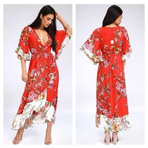 Lulu's Red Floral Midi Dress